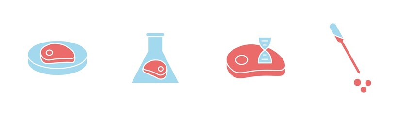 Cellular agriculture vector icon set, cultured beef illustrations, lab-grown meat, isolated on white background