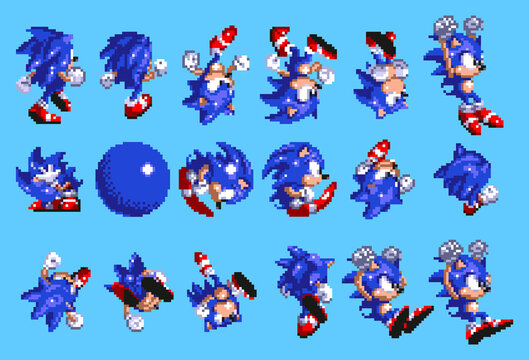 Set 1 of Sonic moves, art of Sonic the Hedgehog 3 classic video game, pixel design vector illustration