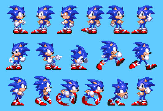 Set 2 of Sonic moves, art of Sonic the Hedgehog 3 classic video game, pixel design vector illustration