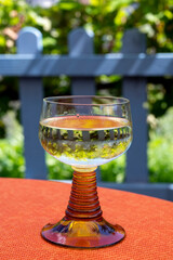 White quality riesling wine served in yellow swirl wine glass on outdoor terrace in Mosel wine...