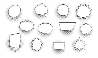 Retro empty comic bubbles and elements set with black halftone shadows on white background. Vector illustration, vintage design, pop art style.