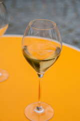 Tasting of brut champagne sparkling wine during visit caves in champagne house in Reims, France