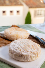 Cheese collection, semi-hard French blue cheese roquefort from Roquefort-sur-Soulzon, France served with sweet cold white french wine