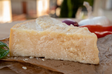 Cheese collection, piece of matured cow cheese pasmesan parmigiano reggiano made from cow milk