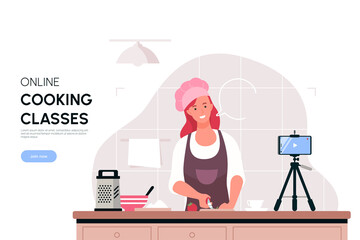 Young woman recording cooking vlog in kitchen. Beautiful chef woman preparing food at home. Online cooking classes concept. Vector illustration.