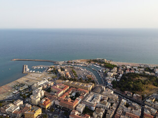 Aerial view on Terracina, mountains and  Tyrrhenian Sea bay, ancient Italian city in province Latina