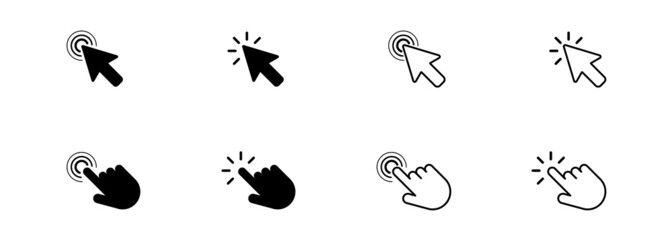 Obraz na płótnie Canvas Mouse cursor arrows and hands flat style design vector icon collection.