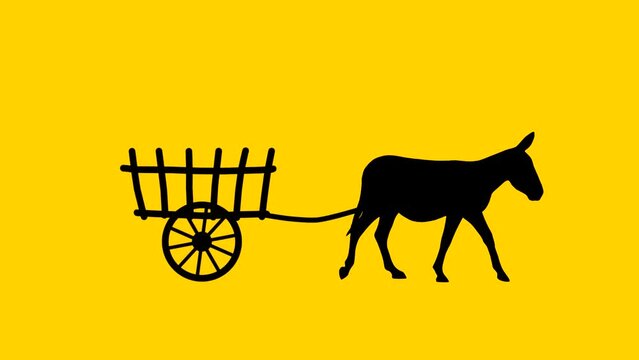 A donkey pulling a cart, animation on the yellow background