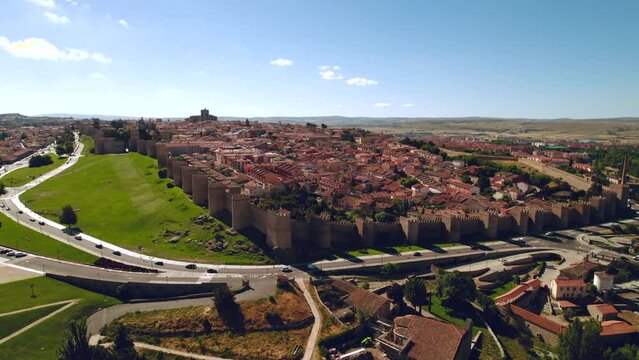 Drone point of view Avila cityscape, known by medieval walls, town called by Town of Stones and Saints. Famous place, spanish landmark in the Castile and Leon. UNESCO. Spain