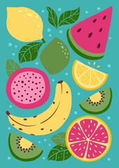 Poster with fruit. Fruit collection for prints, cards, interior design, stationery. Cut out lemon, lime, watermelon, kiwi, banana, grapefruit and dragon fruit. Tropical print