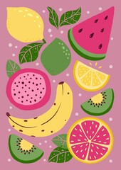 Poster with fruit. Fruit collection for prints, cards, interior design, stationery. Cut out lemon, lime, watermelon, kiwi, banana, grapefruit and dragon fruit. Tropical print