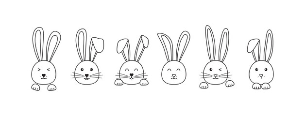 Easter bunny doodle line vector icon, cute drawn rabbit set, hare head outline design, black silhouettes isolated on white background. Animal illustration