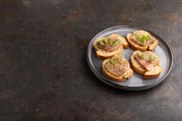 Bread sandwiches with jerky salted meat, sorrel and cilantro microgreen on black. side view, copy space.