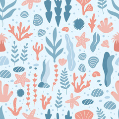 Childish vector seamless pattern with underwater ocean plants. Sea marine life. Coral reefs. Hand drawn seaweeds, stones, marine algae and shells.