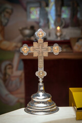 Close up shot of a cross in Orthodox church. Christ cross in church