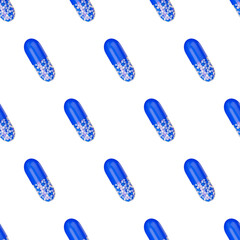 Pills seamless pattern. 3d render. Blue capsule pills. Medicinal drug to relieve symptoms. Illustration of antibiotics for diseases in a cartoon style.