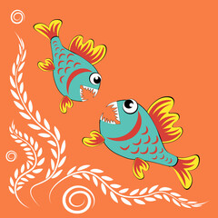 predatory evil piranha fish. Fabulous underwater world. Styling, cartoon style