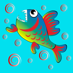 predatory evil piranha fish. Fabulous underwater world. Styling, cartoon style