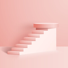 Abstract 3D scene with stairs and geometric podium. Stand for product advertising.