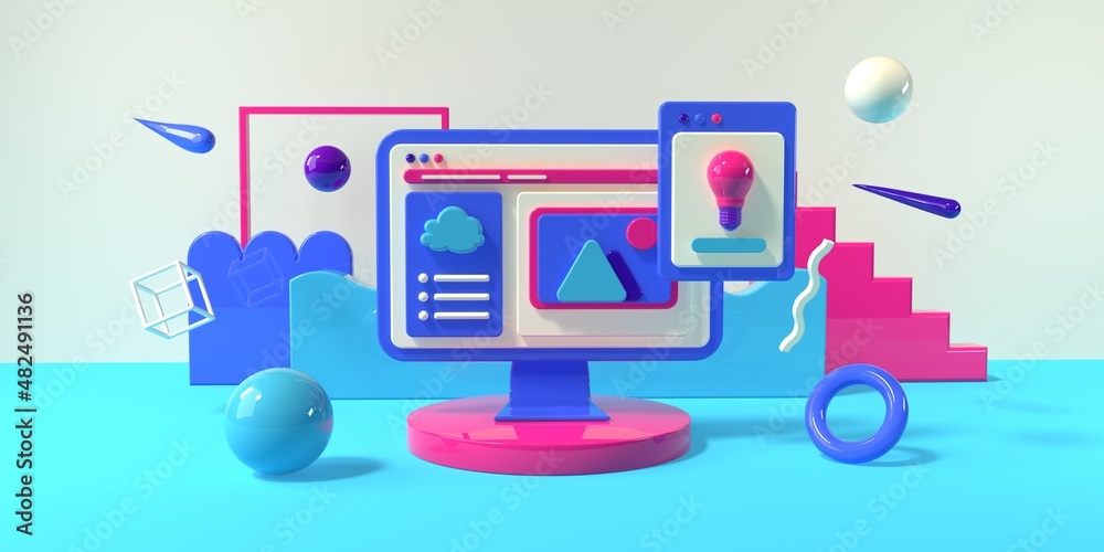 Wall mural desktop computer with a lightbulb icon and geometric shapes - 3d render