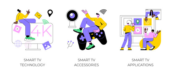 Internet television abstract concept vector illustration set. SmartTV technology, accessories and applications, online streaming, home cinema, 4k video, download software app abstract metaphor.