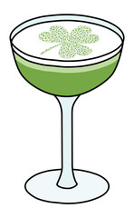 Saint Patricks Day special green cocktail in coupe glass decorated with lucky Irish shamrock clover sprinkling. Doodle cartoon vector illustration isolated on white background.