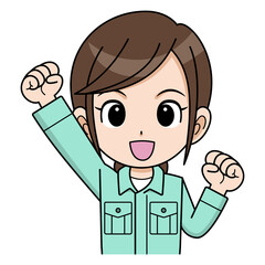 ガッツポーズする作業員の女性