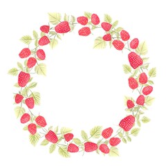 Summer wreath of raspberries with leaves. Hand-drawn watercolor illustration.