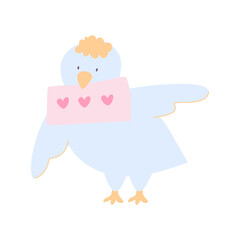 Cute bird with an envelope. Love message. Valentine's Day. Vector illustration. Cartoon flat style. Isolated over white background.
