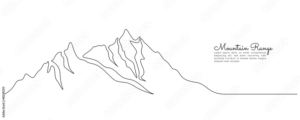 Aufkleber One continuous line drawing of mountain range landscape. Mounts with high peak in simple linear style. Adventure winter sports climbing and hiking tourism concept . Doodle vector illustration