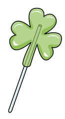 Irish trefoil lucky shamrock clover leave shaped red sweet lollipop hard candy on a stick. Saint Patrick day doodle cartoon hipster style vector illustration isolated on white