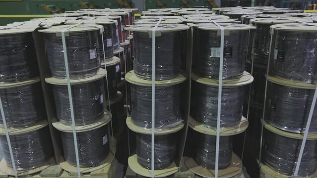 Pallets with cable reels. Cable productions