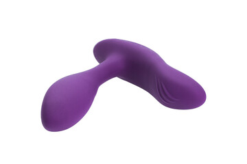 purple silicone male health care device for prostate massage, adult only sex toy isolated on white...