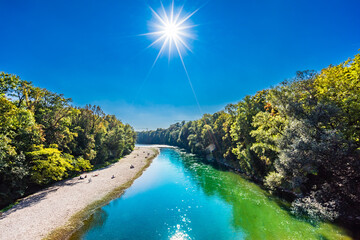 summer view of green Isar river in Munich, Germany