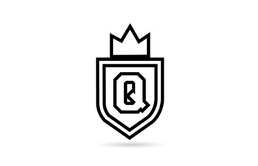 black and white Q alphabet letter icon logo with shield and king crown line design. Creative template for business and company