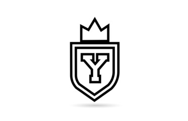 black and white Y alphabet letter icon logo with shield and king crown line design. Creative template for business and company