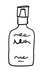 Bottle dispenser sillhouette in minimalist hand drawn outline style. Simple natural organic cosmetics container line art