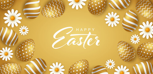 Easter vector background with gold colored eggs and chamomiles.