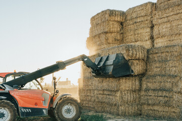 a tractor catching hay bales with a shovel at dawn