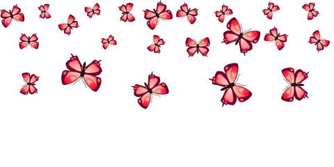 Magic red butterflies flying vector wallpaper. Spring pretty moths. Simple butterflies flying kids background. Gentle wings insects patten. Tropical beings.