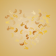Fototapeta na wymiar Euro dollar pound yen golden icons scatter currency vector design. Business backdrop. Currency