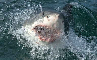 Obraz premium Great white shark with open mouth on the surface out of the water. Scientific name: Carcharodon carcharias. South Africa,