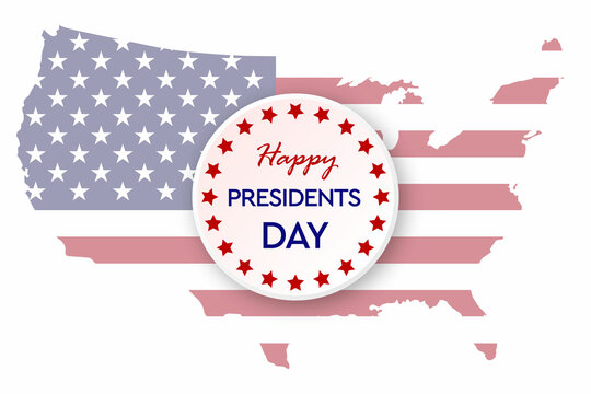 Presidents Day banner with Presidents Day lettering, USA flag, dark blue background, stars and stripes