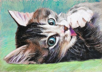A sweet little kitten licks her paw and looks at us. Portrait made with pastels. 