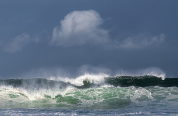 Seascape. Powerful ocean wave on the surface of the ocean. Wave breaks on a shallow bank. Stormy weather, stormy clouds sky background.