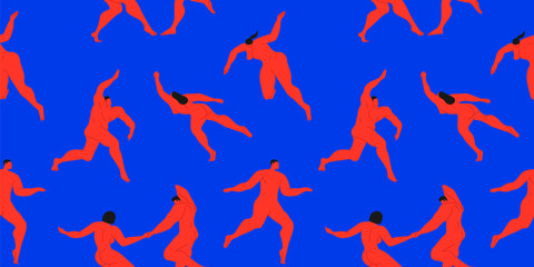 Colorful red people dancing on bright blue color background. Abstract contemporary dance seamless pattern illustration concept. Diverse men and women body moving.
