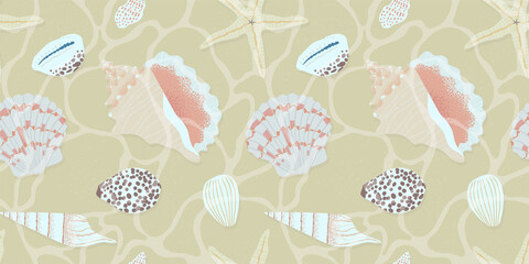 Clear tropical beach water seamless pattern. Summer ocean floor with exotic sea shell and star fish. Island vacation background design. Realistic transparent coast bottom flat cartoon backdrop.