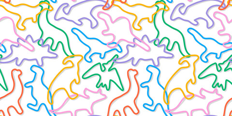 Funny dinosaur shape seamless pattern. Abstract children decoration background, colorful kid backdrop with t-rex, pterodactyl and velociraptor shapes. © Dedraw Studio