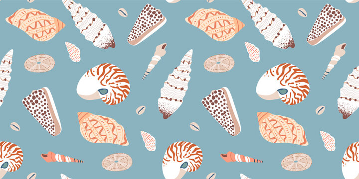 Diverse tropical beach sea shell seamless pattern. Summer marine animal background design. Vacation travel concept. Ocean snail collection flat cartoon backdrop illustration.