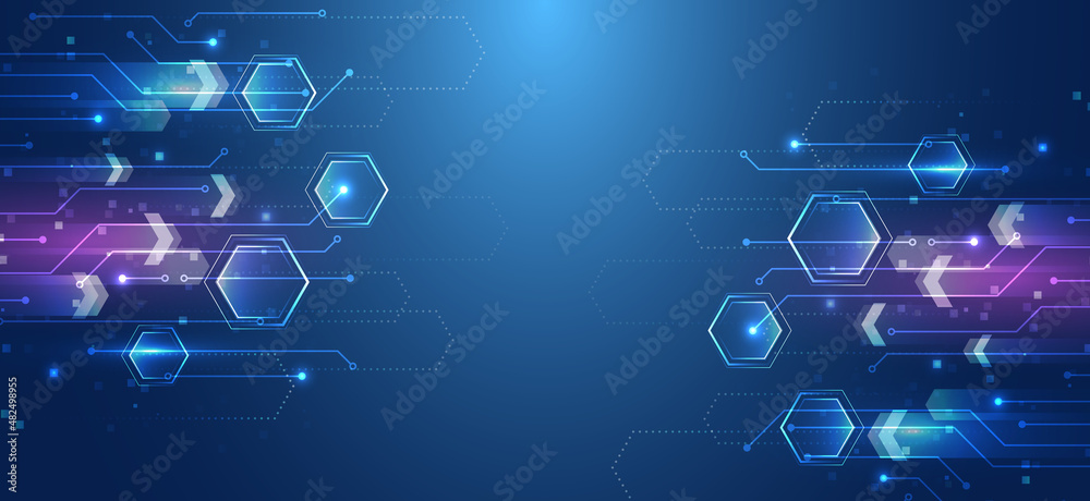 Poster Abstract hexagons science on the blue background. Hi-tech digital technology and engineering concept. Wide Sci fi template with polygons.